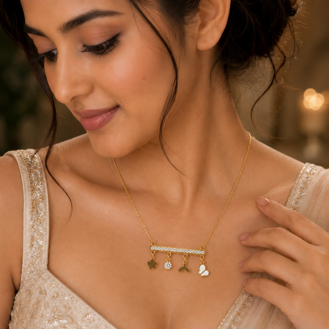 Golden Story Crystal Bar Charm Necklace